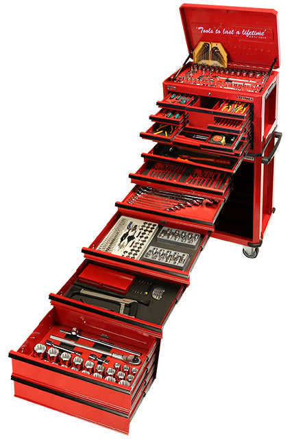 523 Piece AF & M Tool Kit, 10 Drawer Tool Box, Bbs: Red & 7 Drawer Roll Cabinet, W/Black Plastic Moulded Top, Bbs: Red