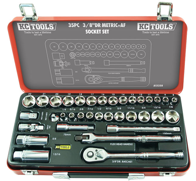 35 Piece 3/8" Drive Socket Set AF & Metric, Standard