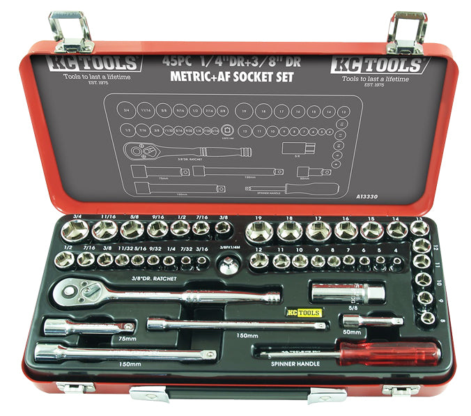 1/4" & 3/8" Drive Socket Set, AF & Metric 45 Piece