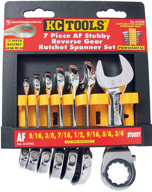 7 Piece Spanner Set, Reverse Gear Ratchet Stubby, 5/16 - 3/4"